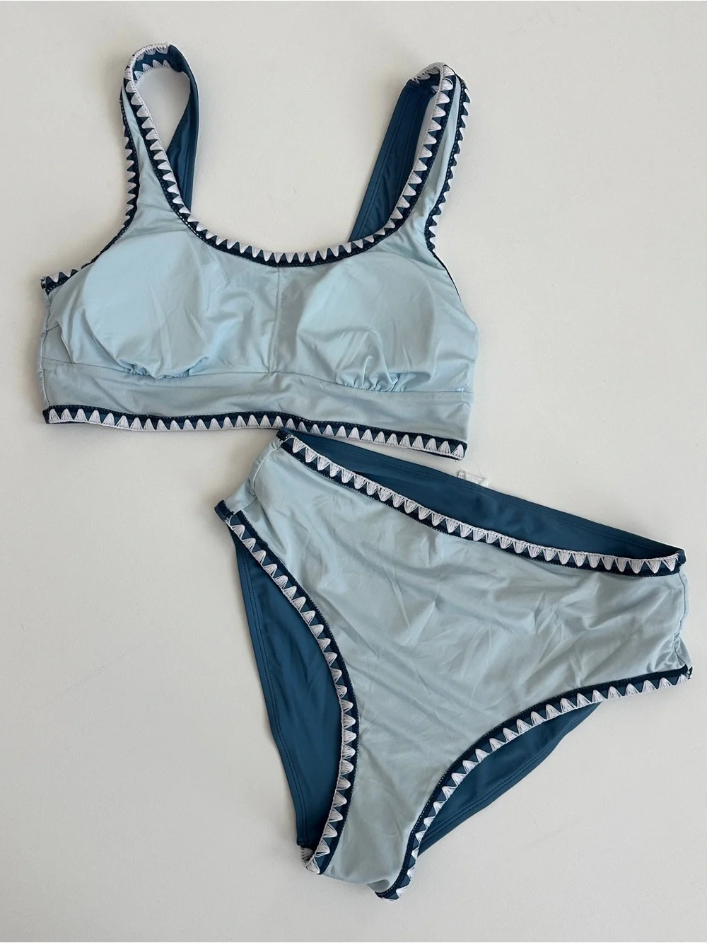 Cupshe Blue White Crochet Trim Scoop Neck High-Waist Bikini Set Size M